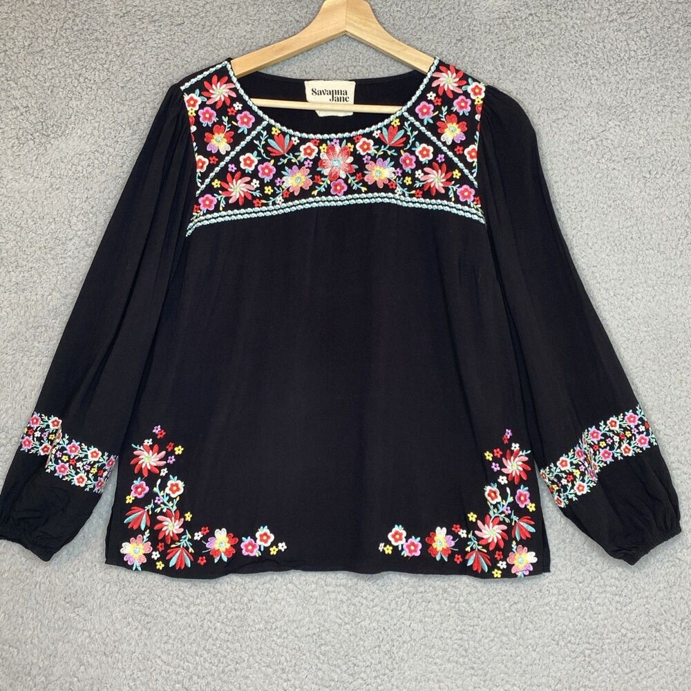 Savanna Jane Floral Boho Embroidered Black Blouse Size M Lightweight Rayon